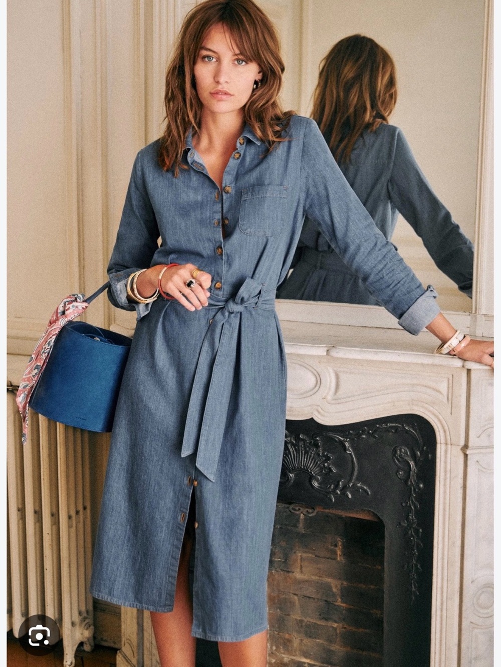 Sezane Denim Shirt Midi Dress in Blue